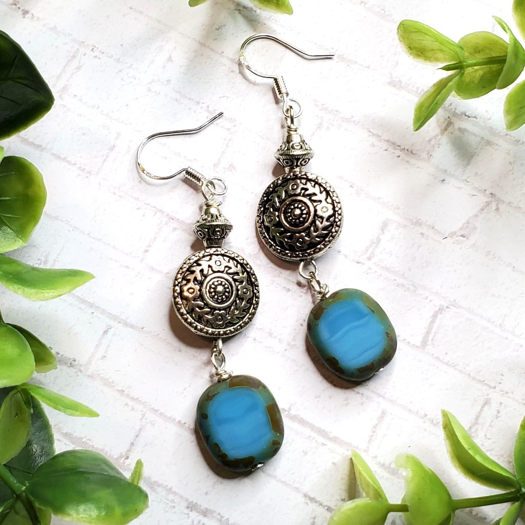 3/$25 Silver Earrings - Turquoise Czech Glass Bead Earrings Silver Medallion
